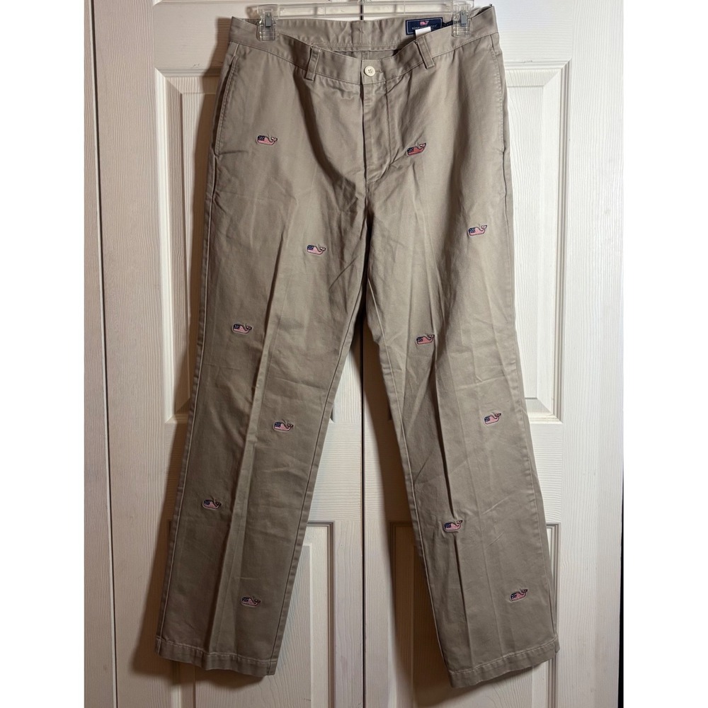 Vineyard Vines Mens 36x32 Khaki American Flag Whale Embroidered Club Pants